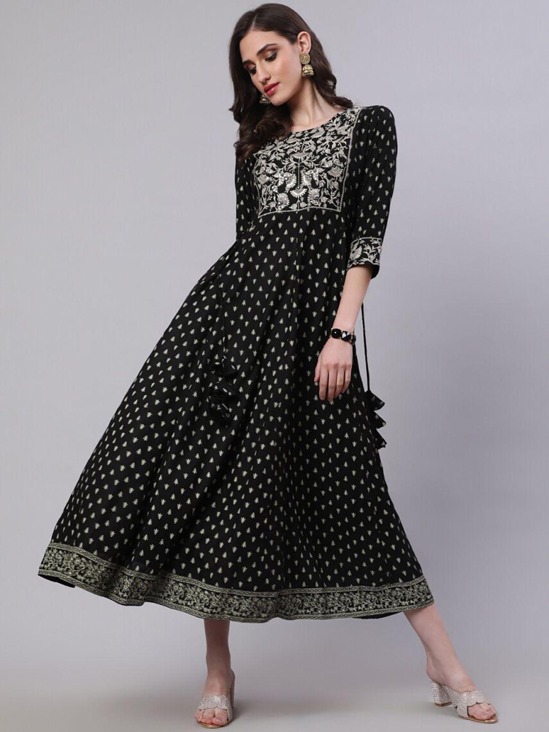 nishabd women black ethnic motifs printed flared sleeves mirror work anarkali kurta