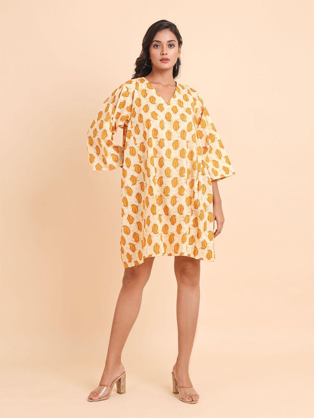 disli yellow print flared sleeve kaftan dress