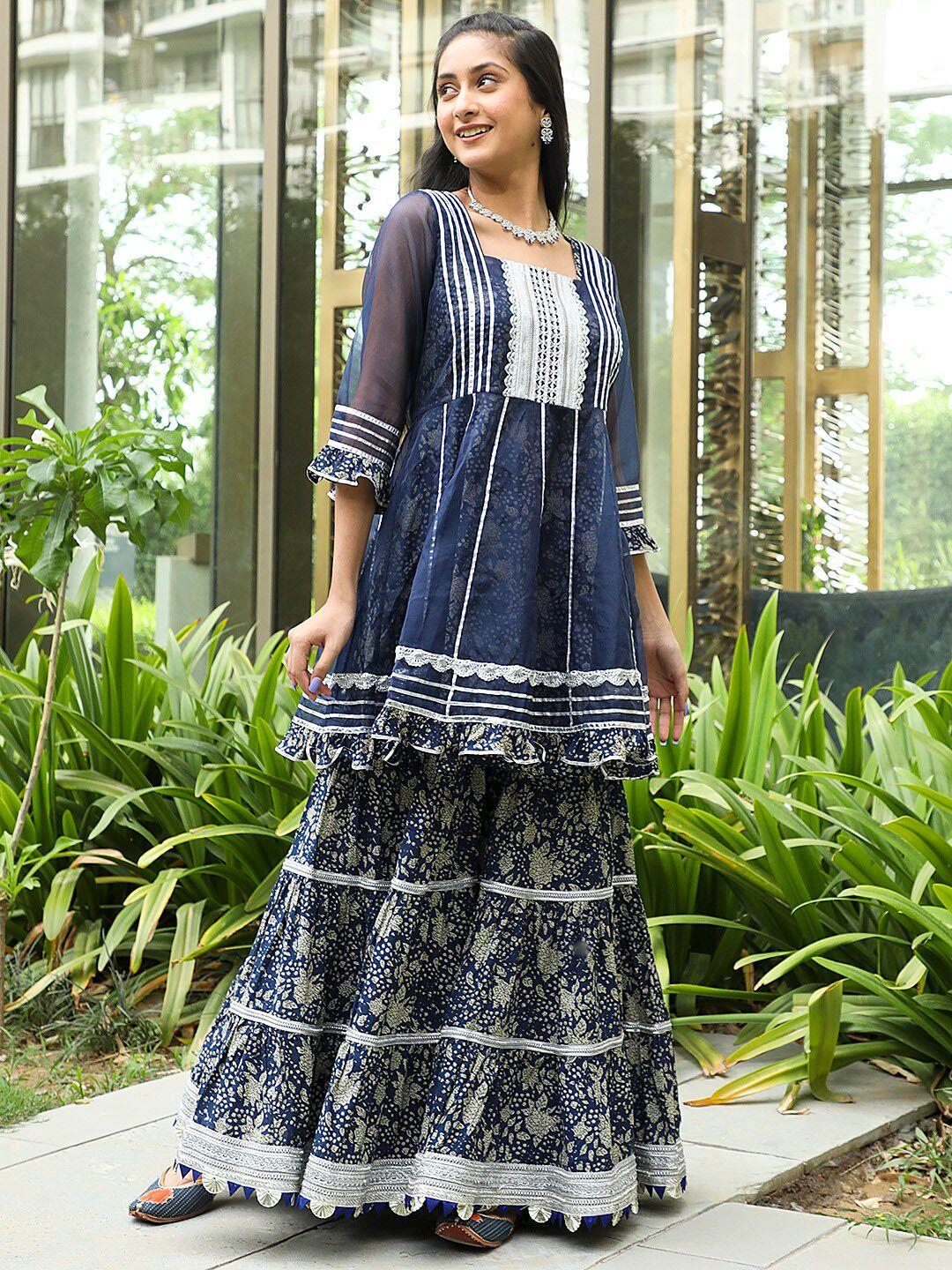 aks couture floral printed a-line kurta with sharara