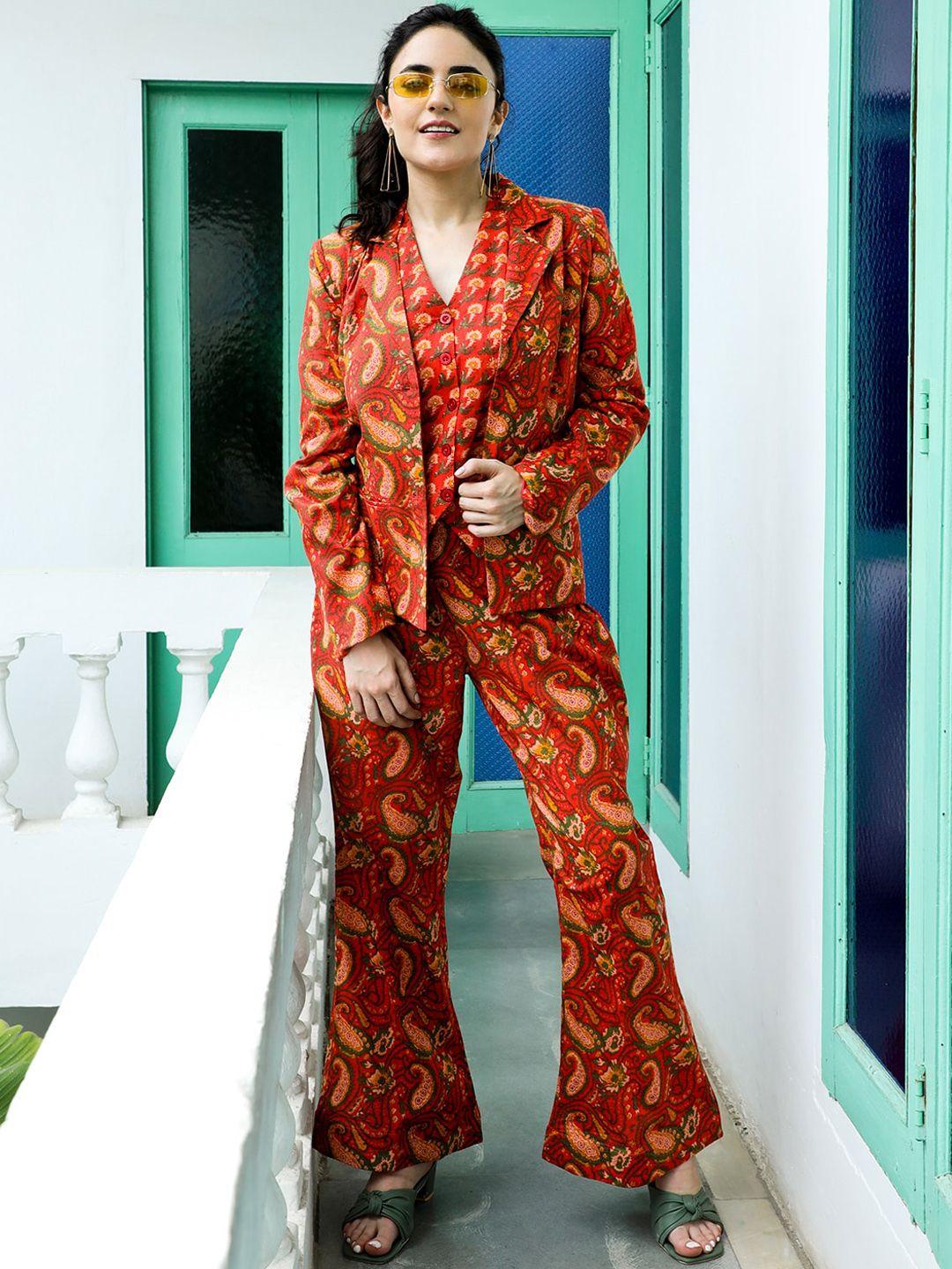 aks couture printed pure cotton blazer with trousers & waistcoat