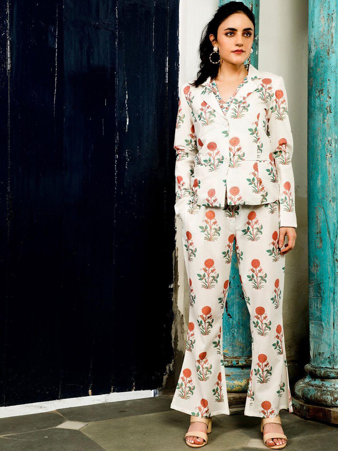 aks couture floral printed pure cotton blazer with trousers & waistcoat