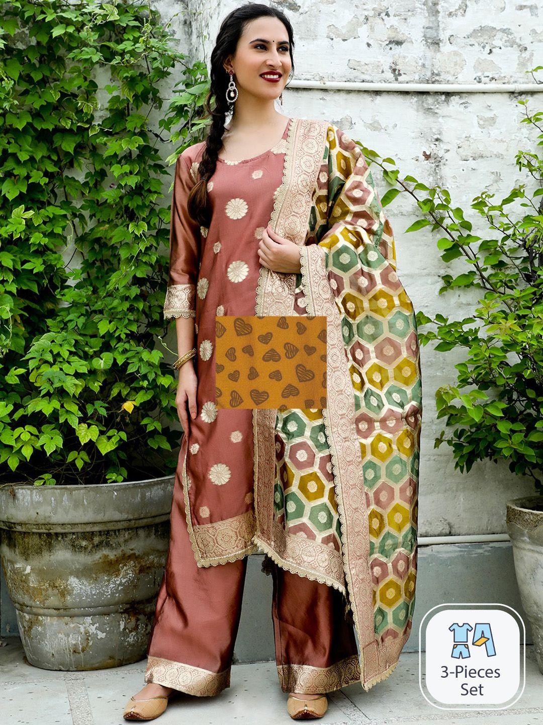 aks couture floral embroidered straight kurta with palazzos & dupatta