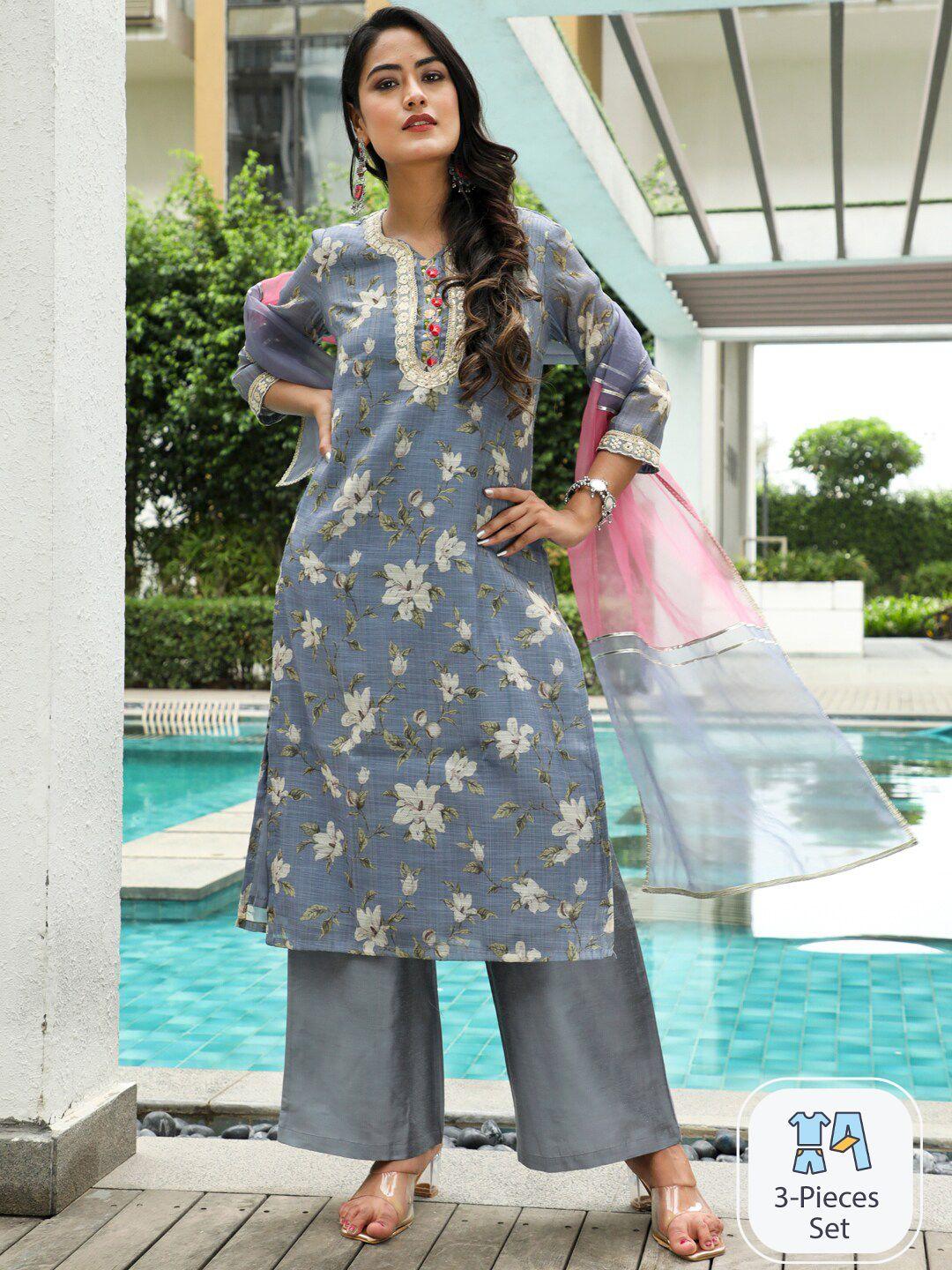 aks couture floral printed chanderi silk straight kurta with palazzos & dupatta