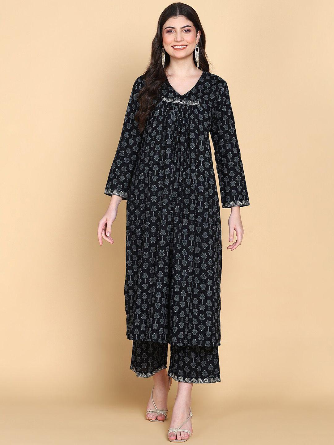 here&now black floral printed beads and stones pure cotton kurta with palazzos