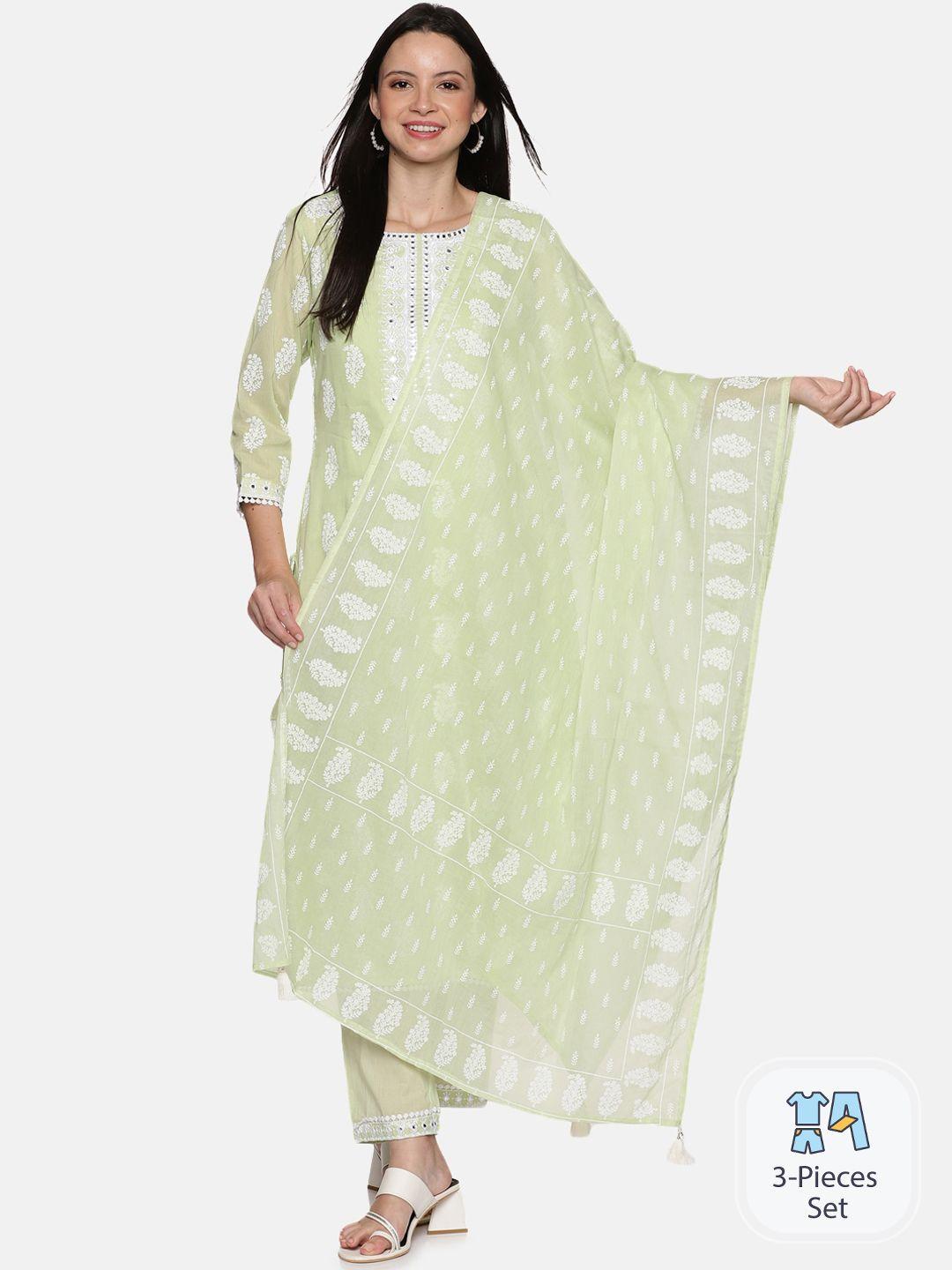 palakh ethnic motifs printed thread work regular pure cotton kurta with trousers & dupatta