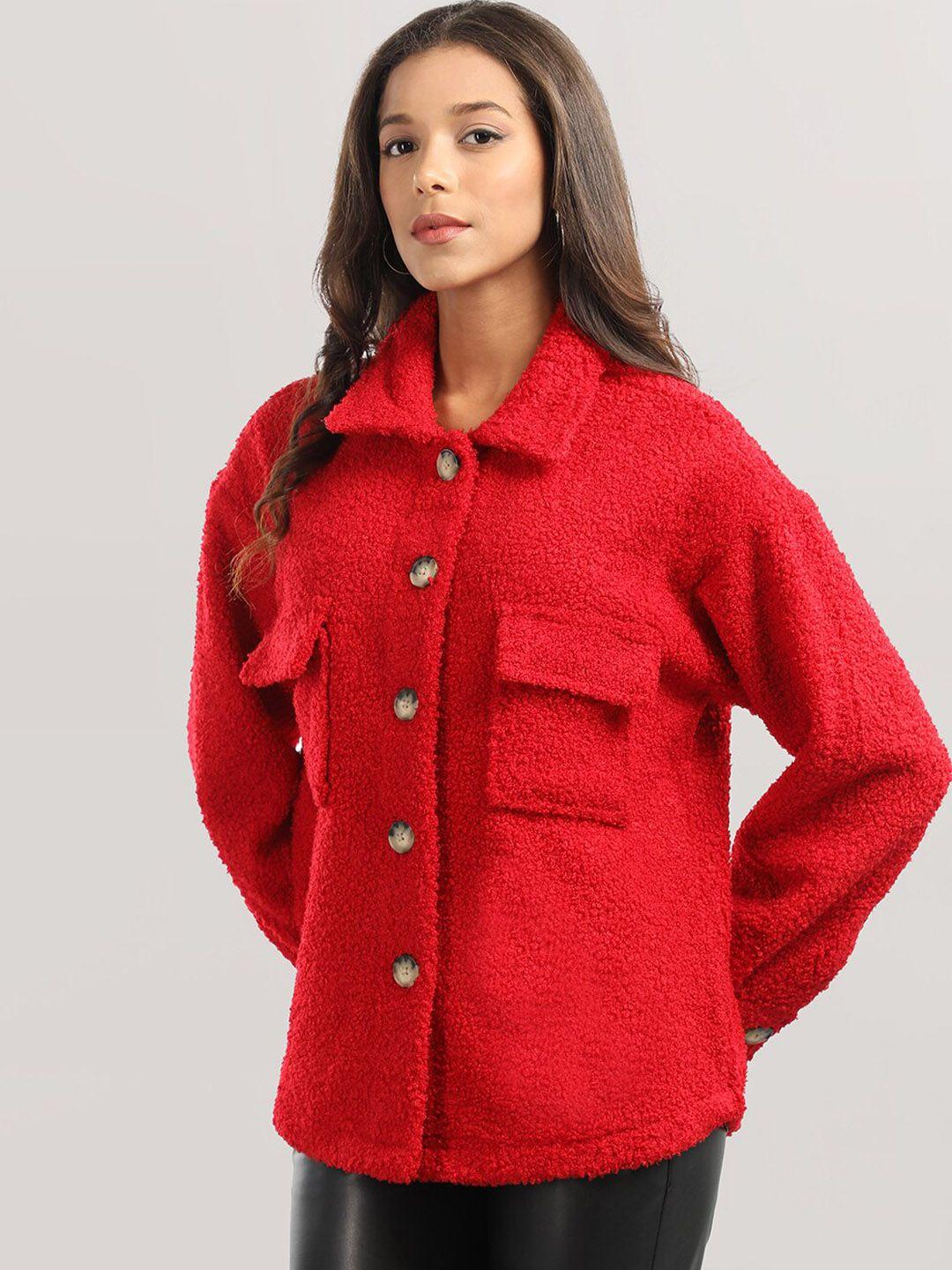 honnete spread collar buttoned pea coat with faux fur trims