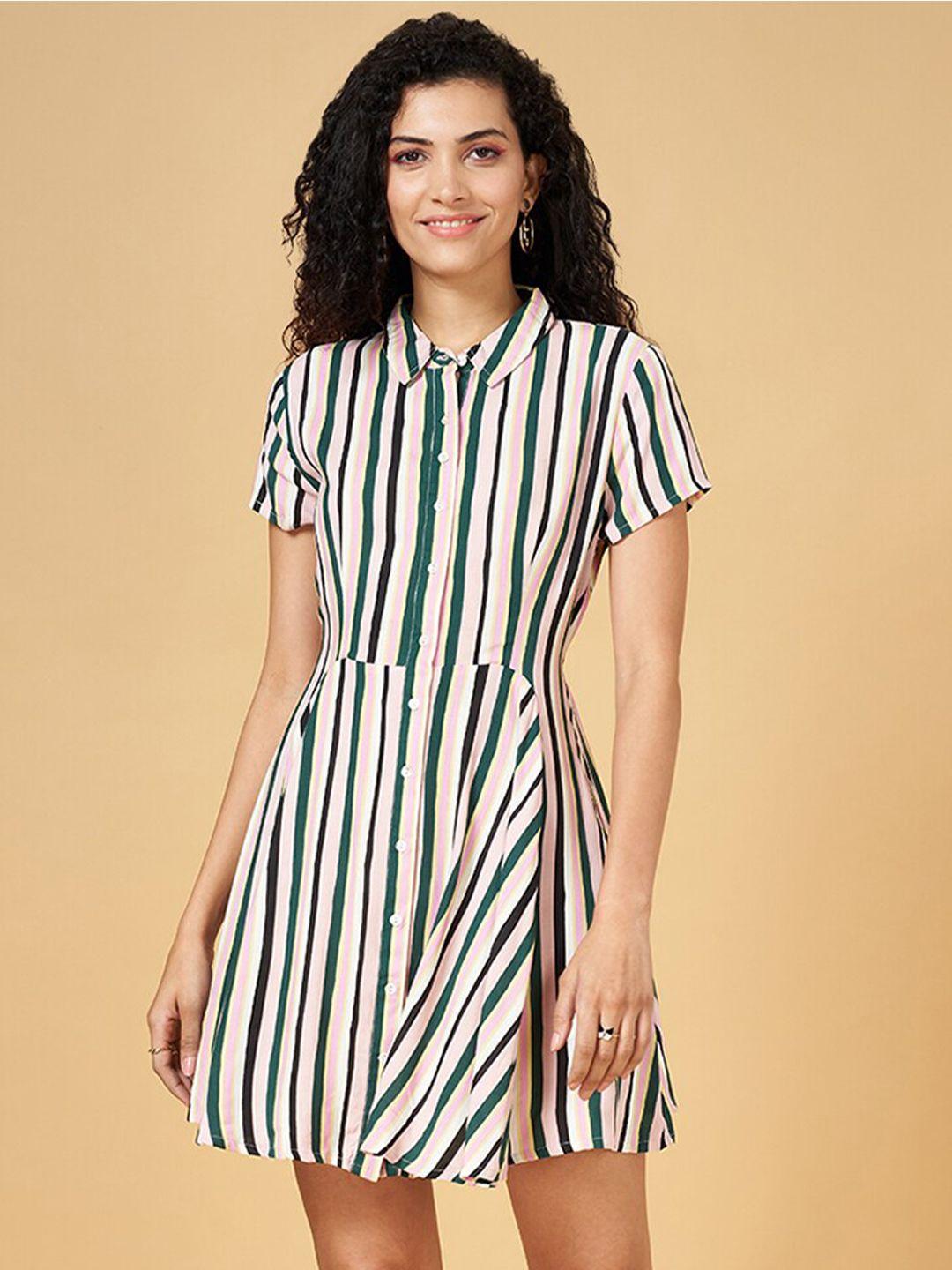 people striped shirt collar fit & flare dress