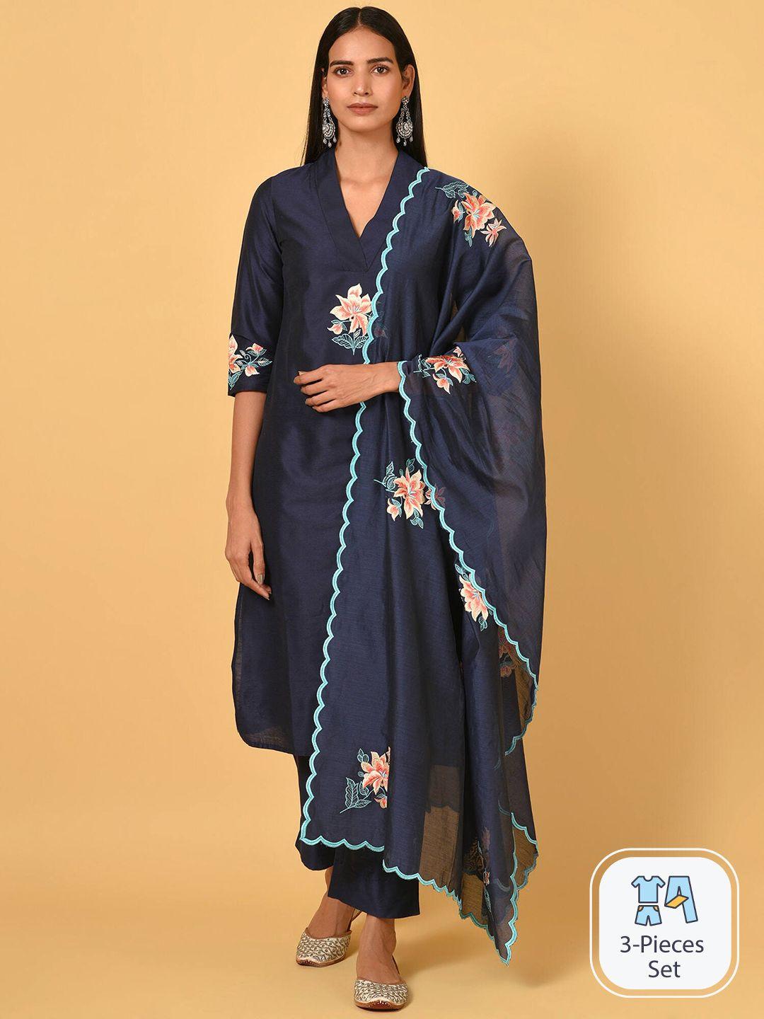 nuhh floral embroidered thread work regular kurta with trousers & dupatta