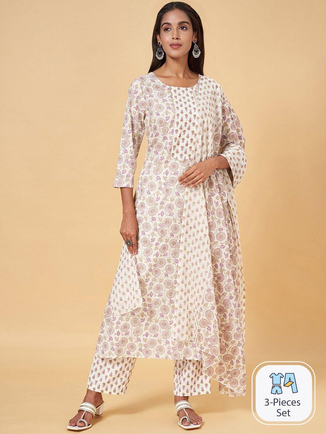 yu by pantaloons floral printed pure cotton kurta with trousers & dupatta