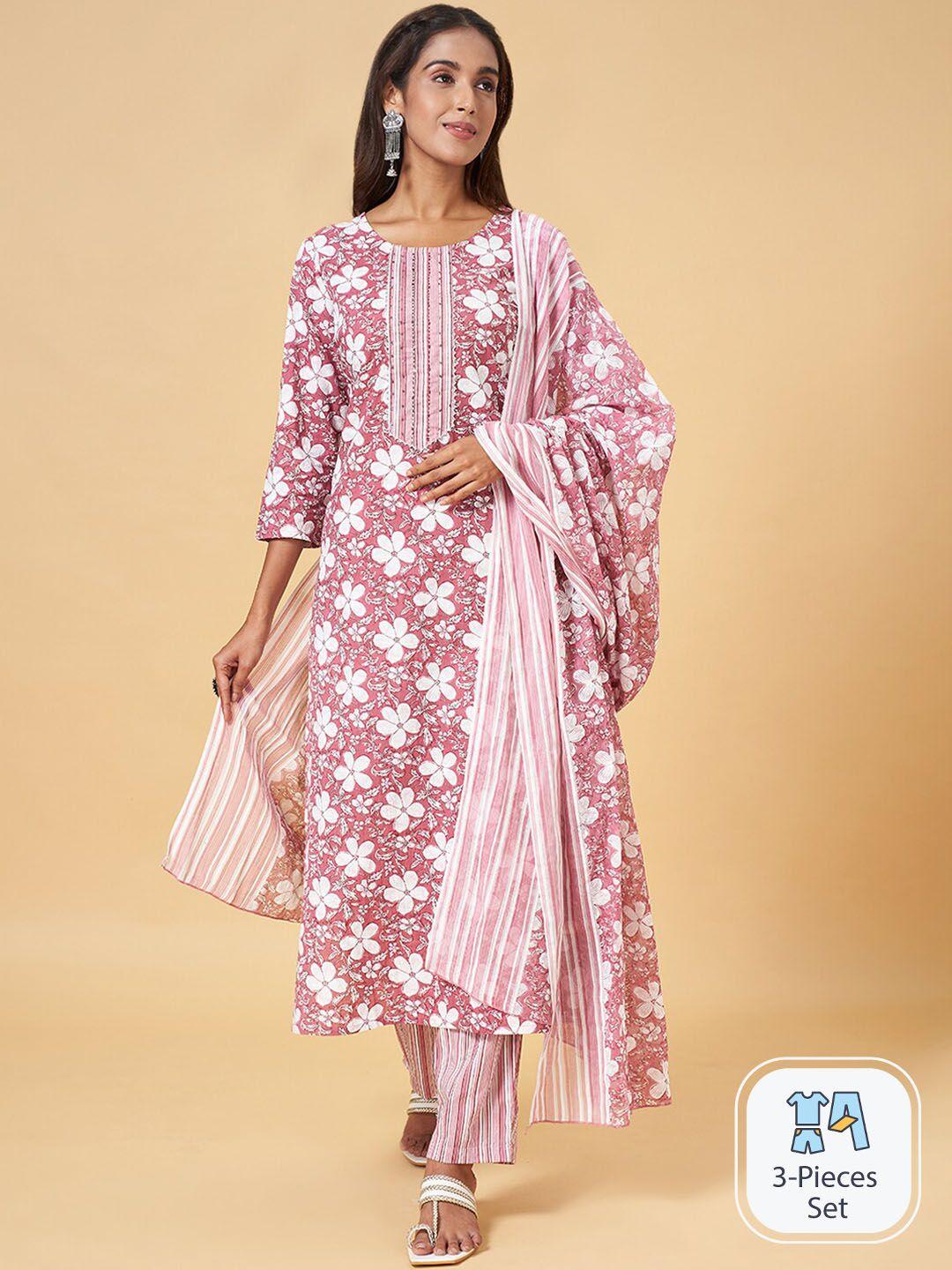 yu by pantaloons floral printed gotta patti pure cotton kurta & trousers with dupatta