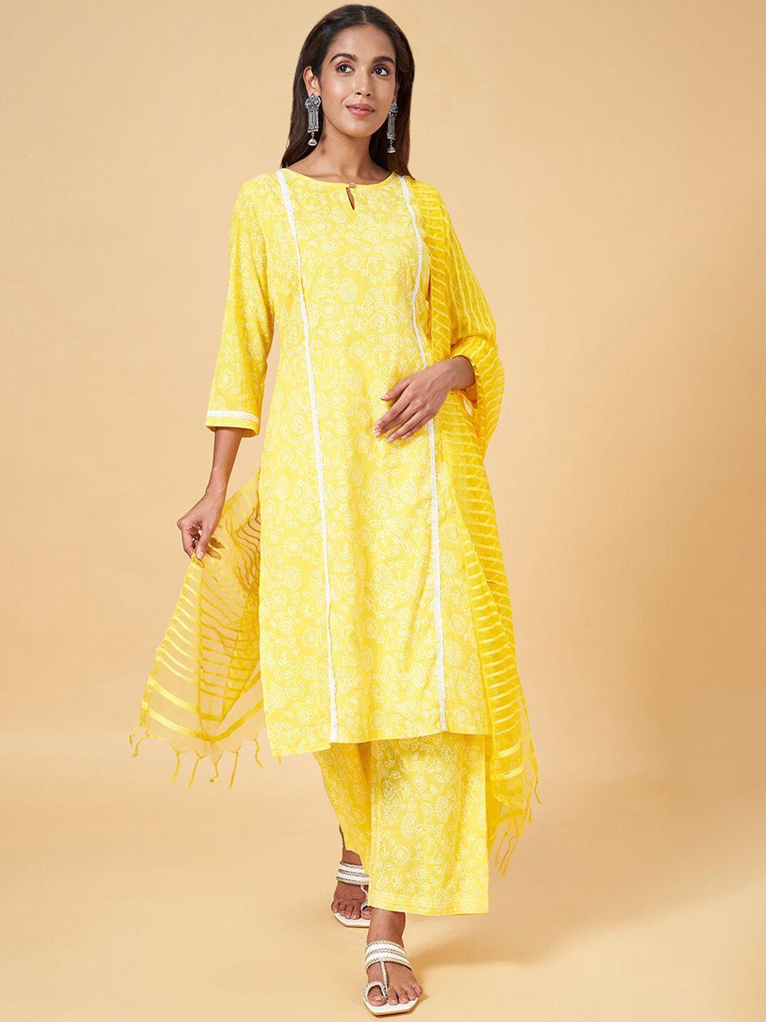 yu by pantaloons floral printed pure cotton kurta & trousers with dupatta