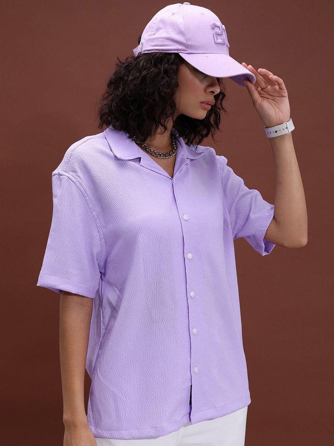 highlander  lavender unisex cuban collar drop-shoulder sleeves oversized casual shirt