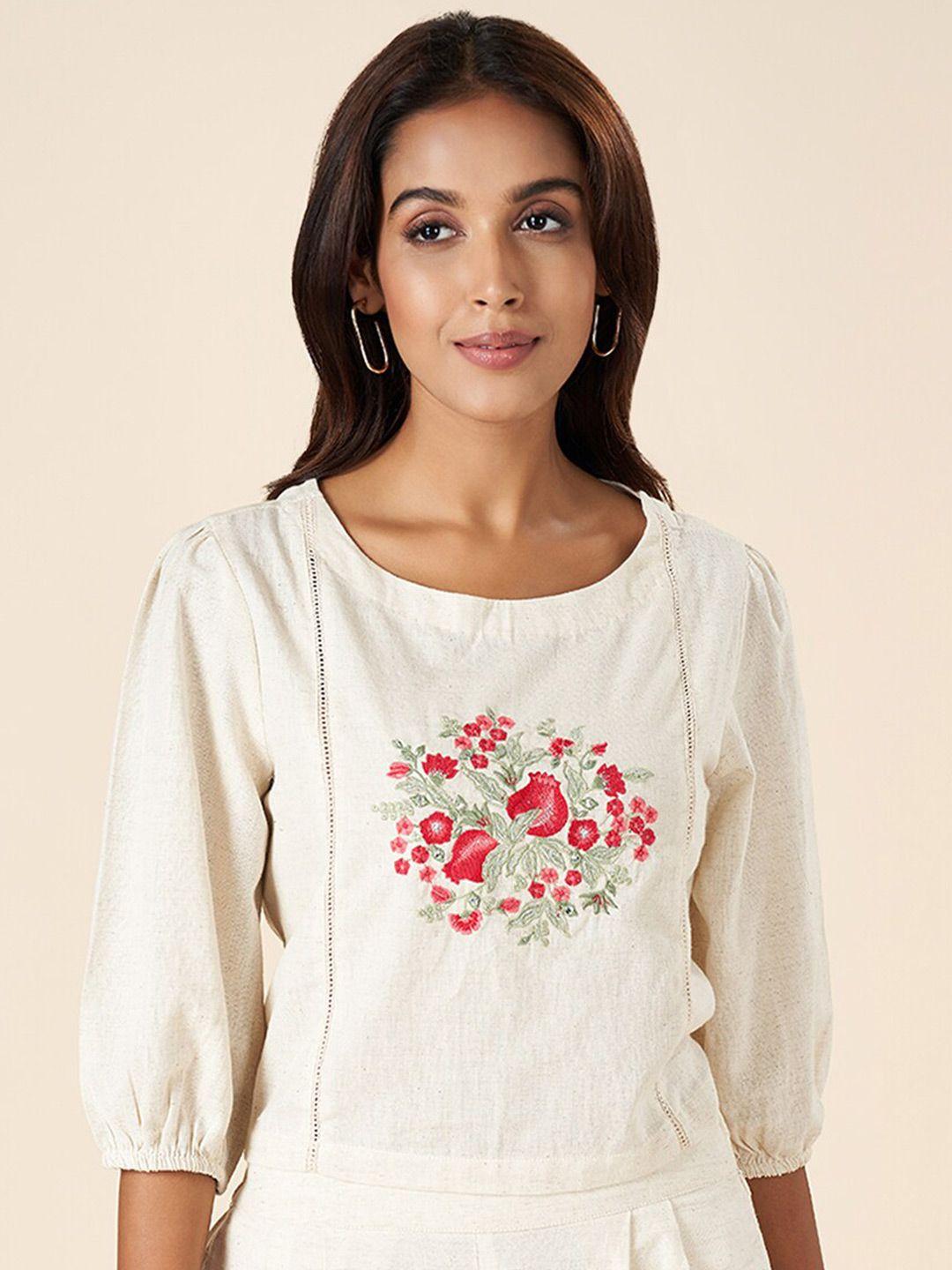 akkriti by pantaloons floral embroidered puff sleeve cotton top