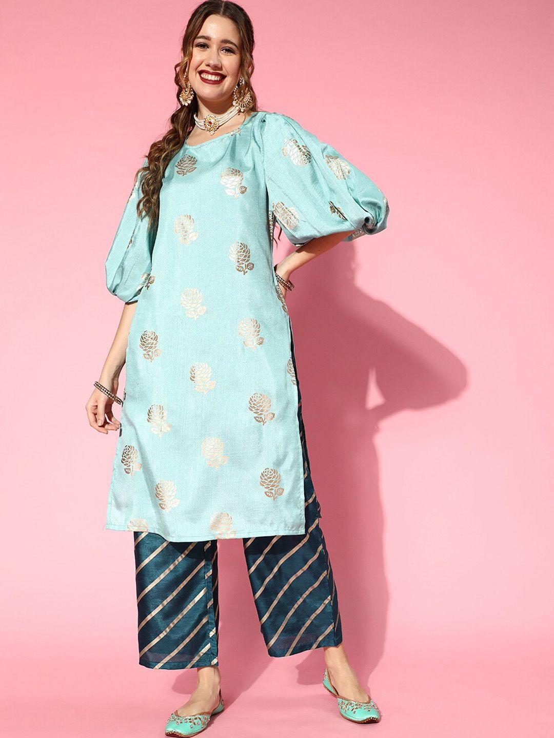 aks couture  floral printed  detachable sleeves straight kurta with palazzos