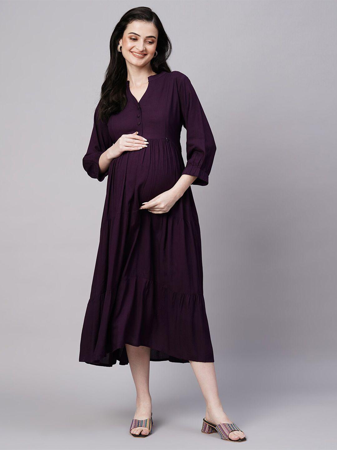 aanyor maternity mandarin collar tiered fit & flare cotton midi dress