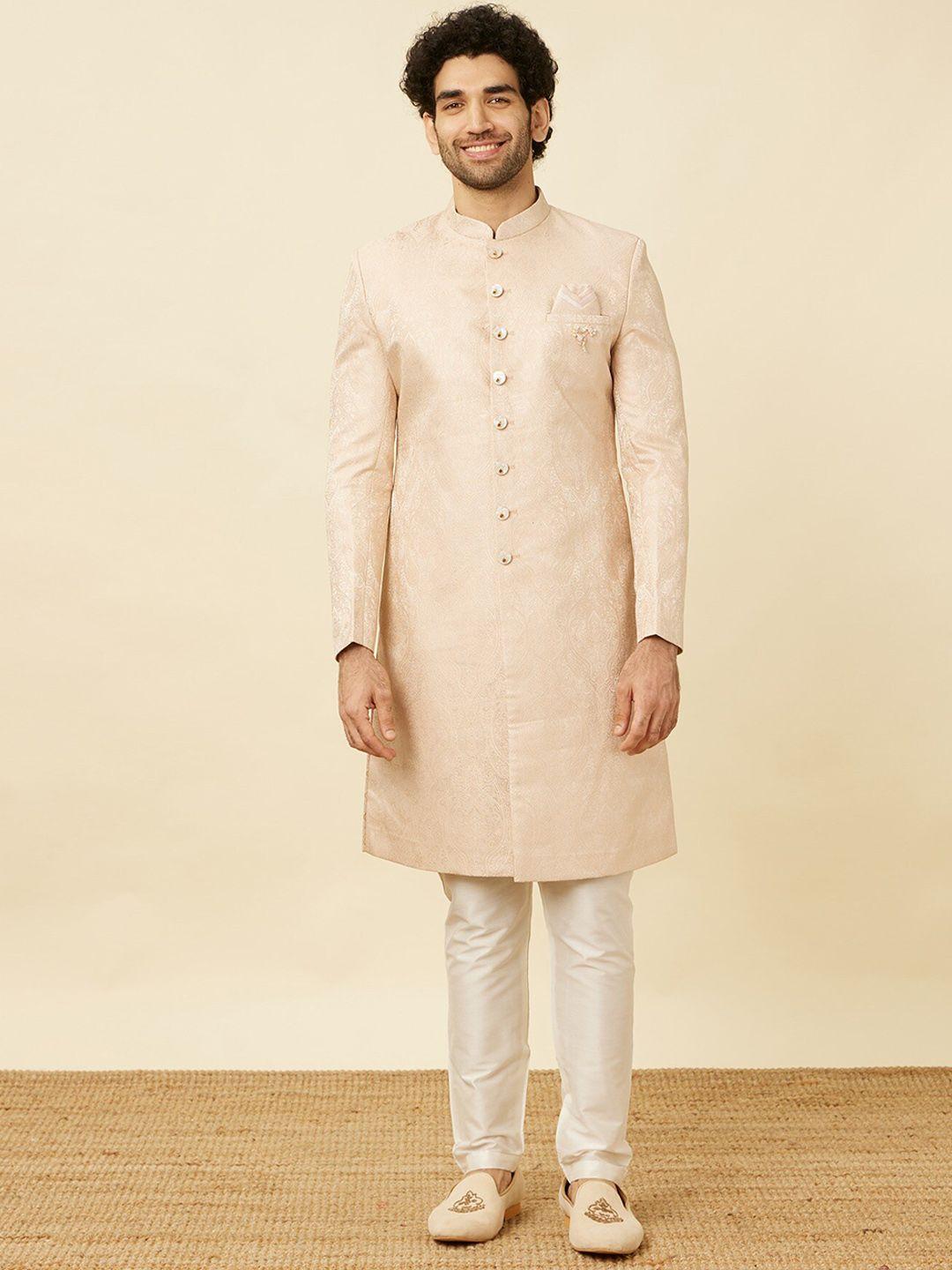 manyavar self design brocade sherwani with pyjama