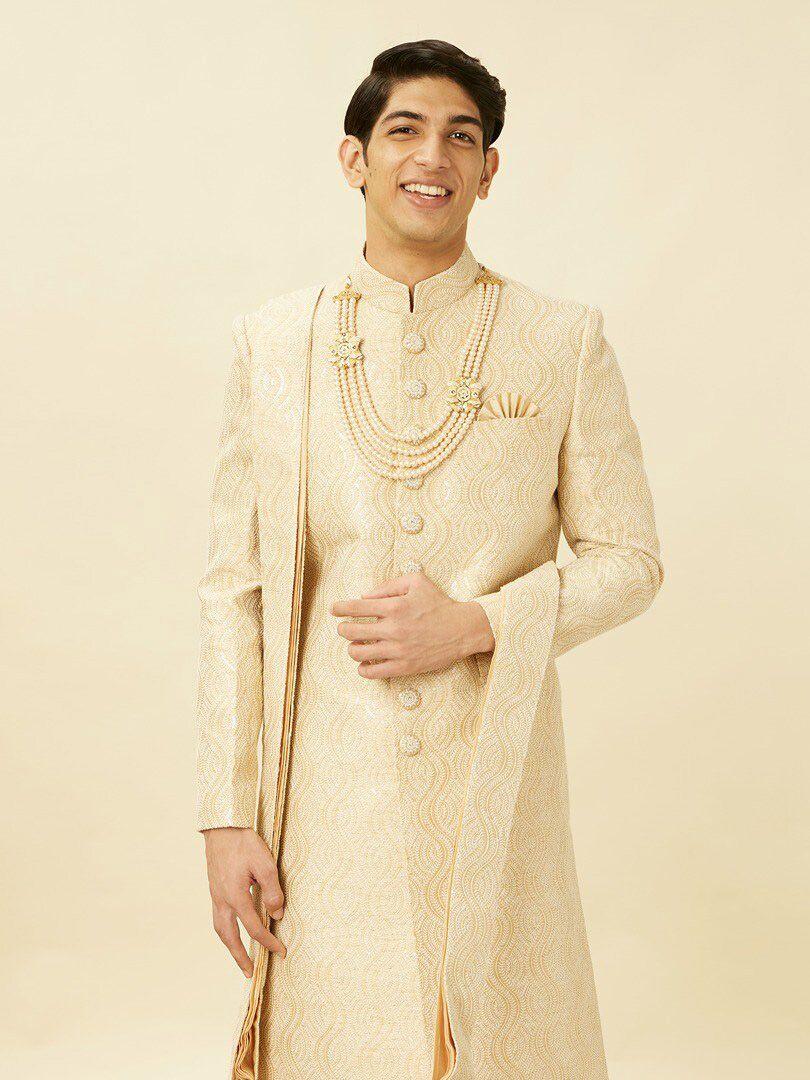 manyavar beige self-design sherwani & solid pyjama with matching dupatta