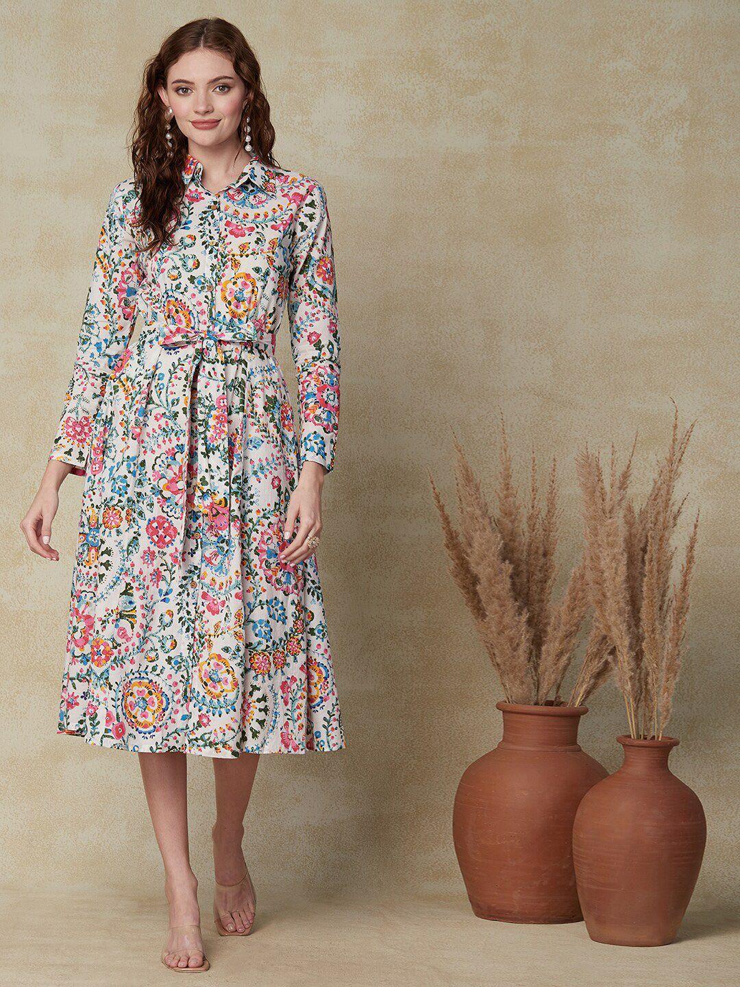 fashor floral printed shirt collar midi shirt dress with belt