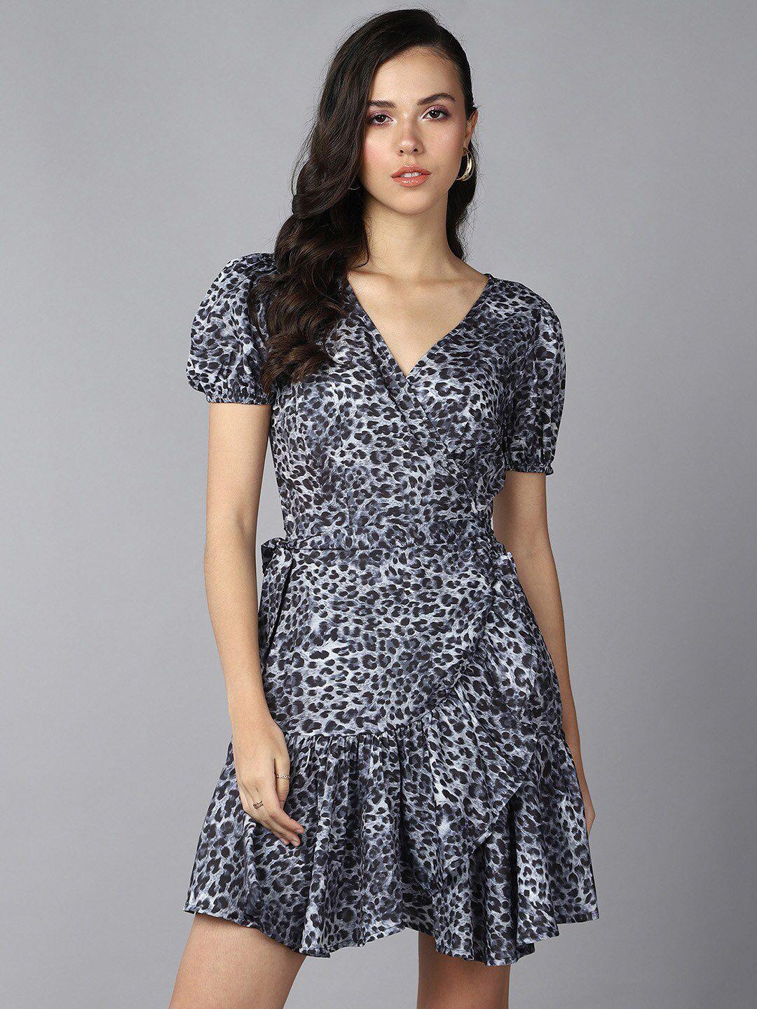 roadster animal printed v-neck puff sleeve tie-ups wrap dress