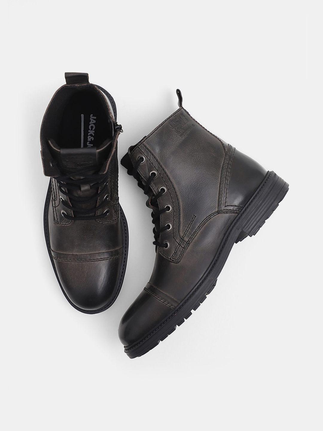 jack & jones men leather mid-top lace-ups block boots