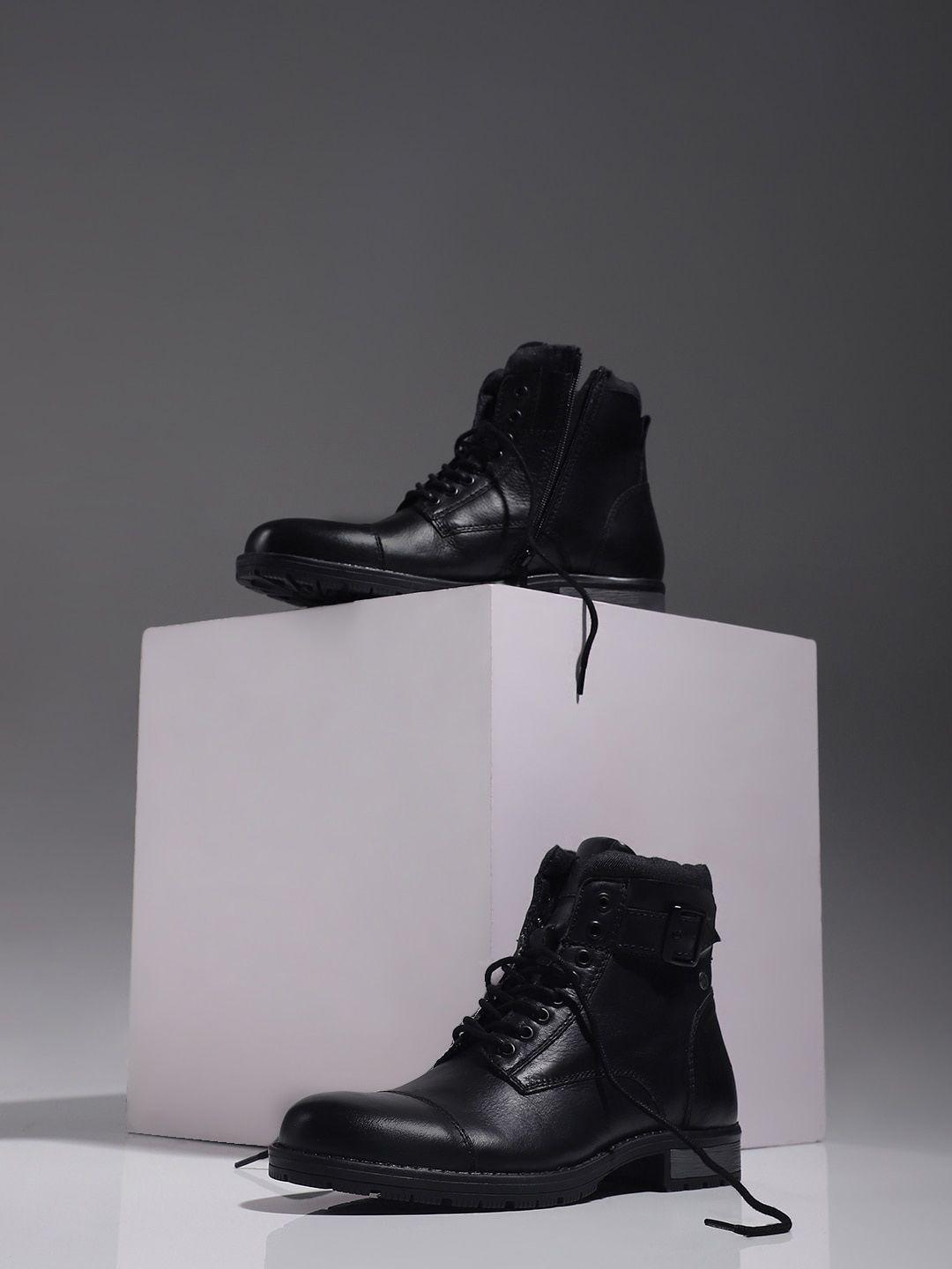 jack & jones men leather mid-top block boots