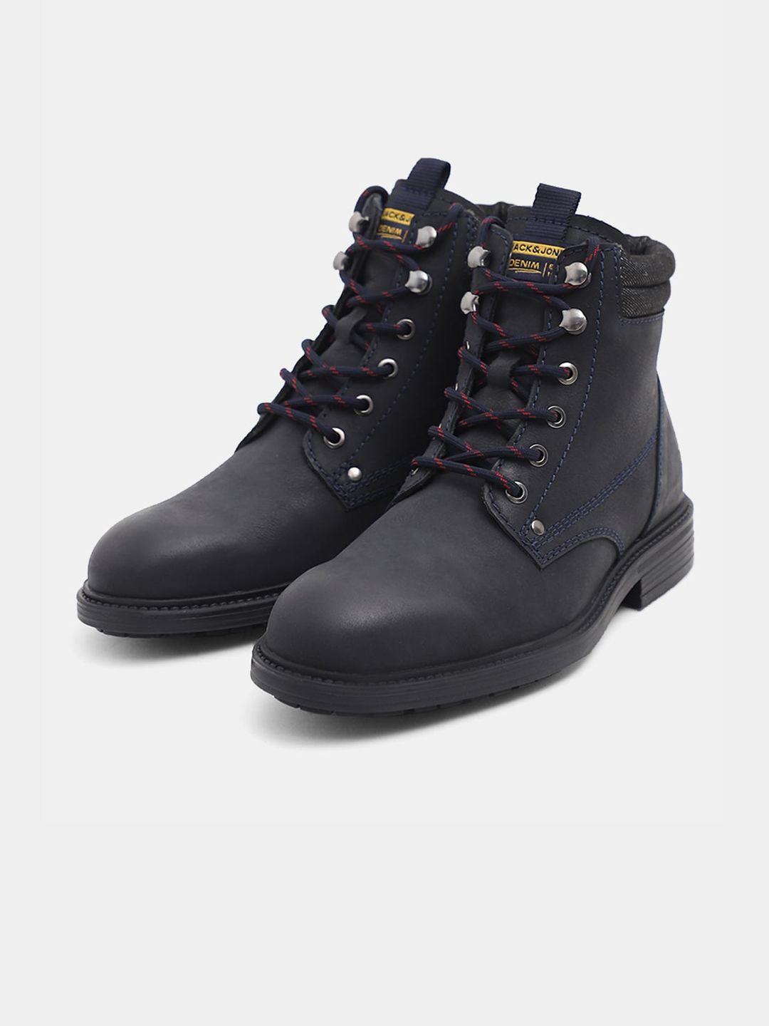 jack & jones men leather mid-top block boots