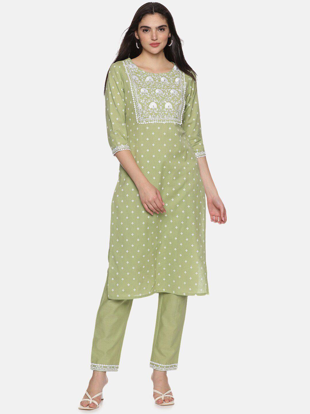 palakh ethnic motifs printed regular thread work pure cotton kurta with trousers