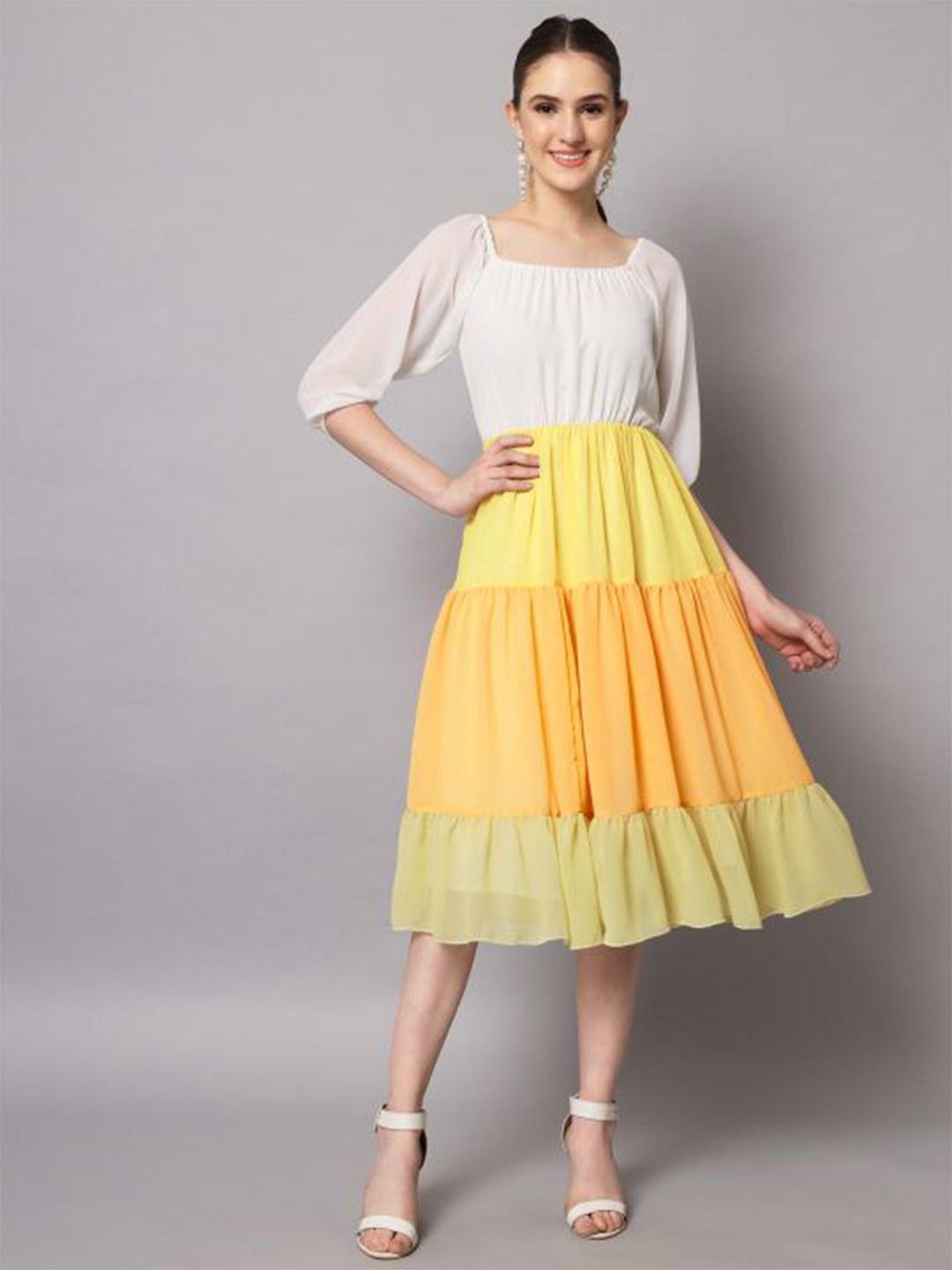 kalini colourblocked georgette tiered fit and flare midi dress