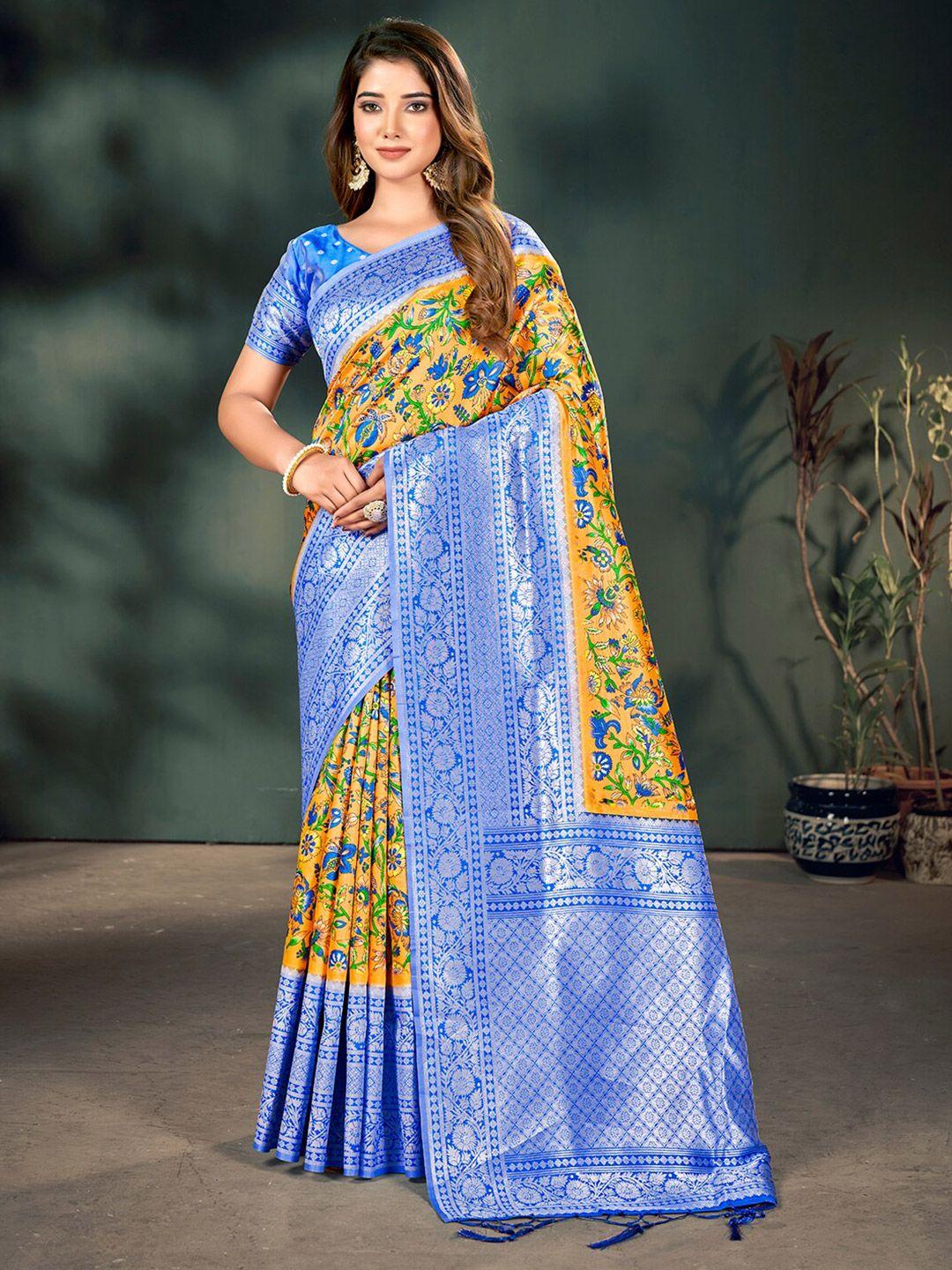 mitera floral printed zari silk blend banarasi saree