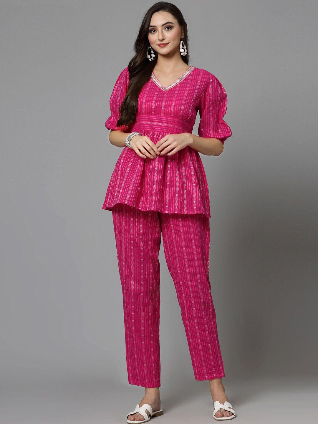 stylum pink woven design pure cotton top with trouser