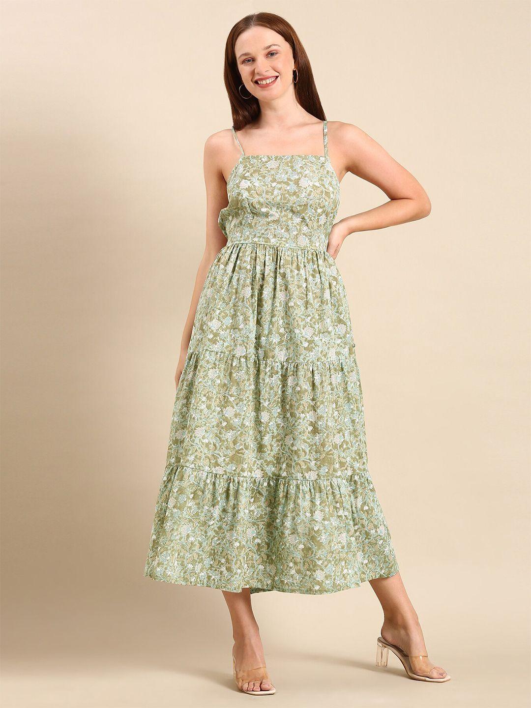 mast & harbour green floral printed shoulder straps tie up cotton tiered fit & flare dress