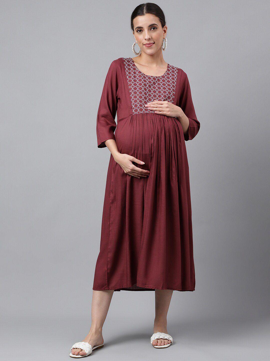 negen embroidered maternity a-line midi dress