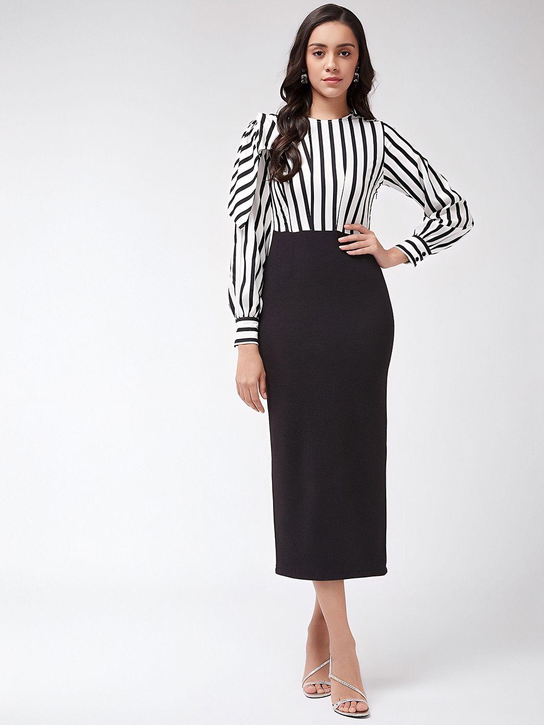 sidyal striped cuffed sleeves sheath midi dress