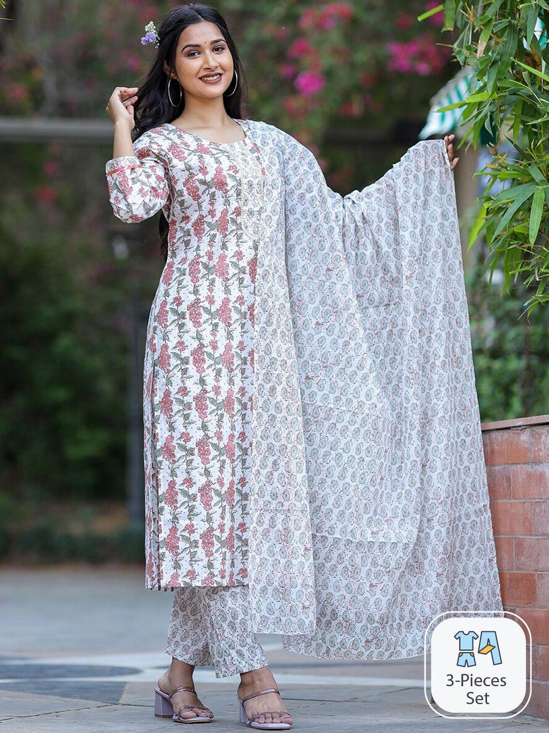 kalini floral printed mirror work pure cotton straight kurta & trousers with dupatta