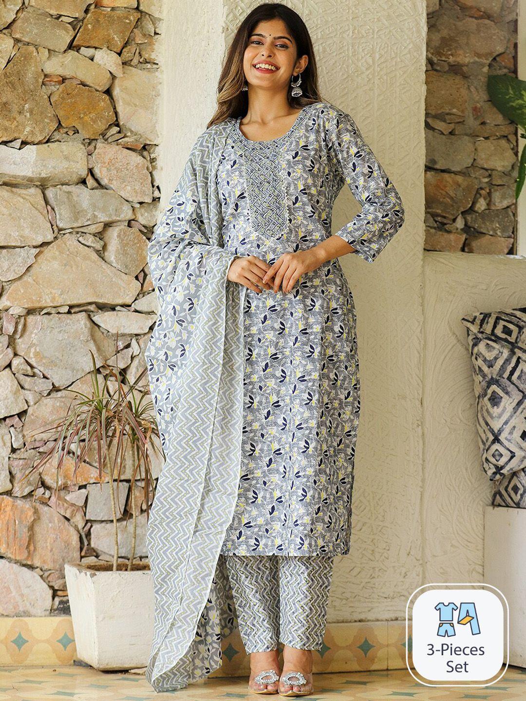 kalini floral printed gotta patti pure cotton straight kurta & trousers with dupatta