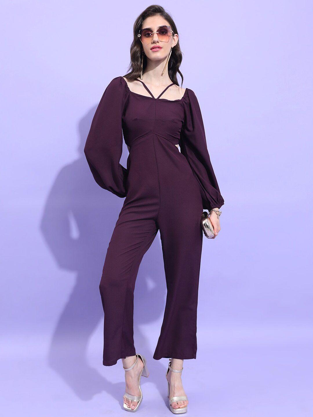 tokyo talkies square neck puff sleeves gathered casual basic jumpsuit