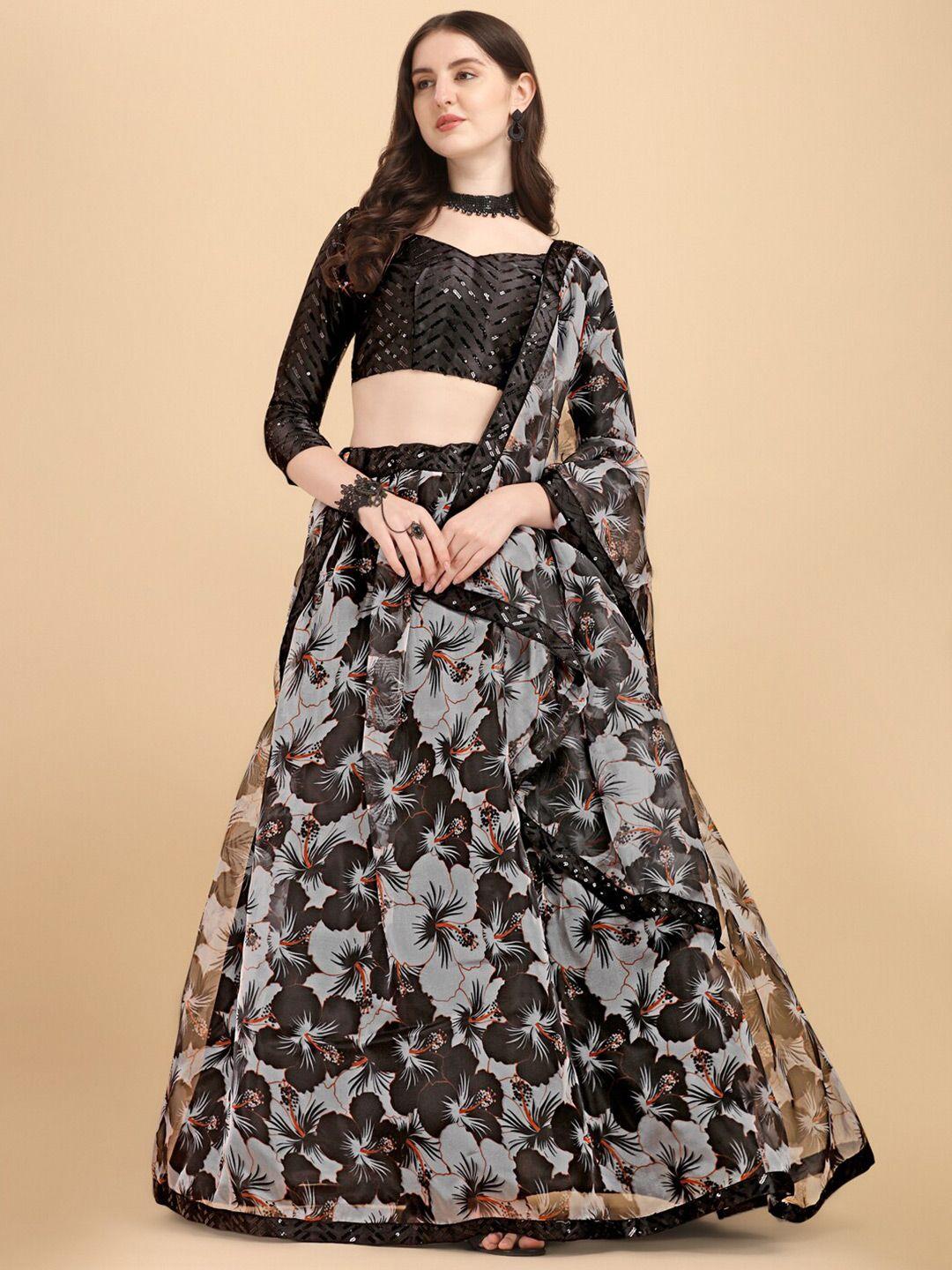 kalini floral printed sequined semi-stitched lehenga & unstitched blouse with dupatta