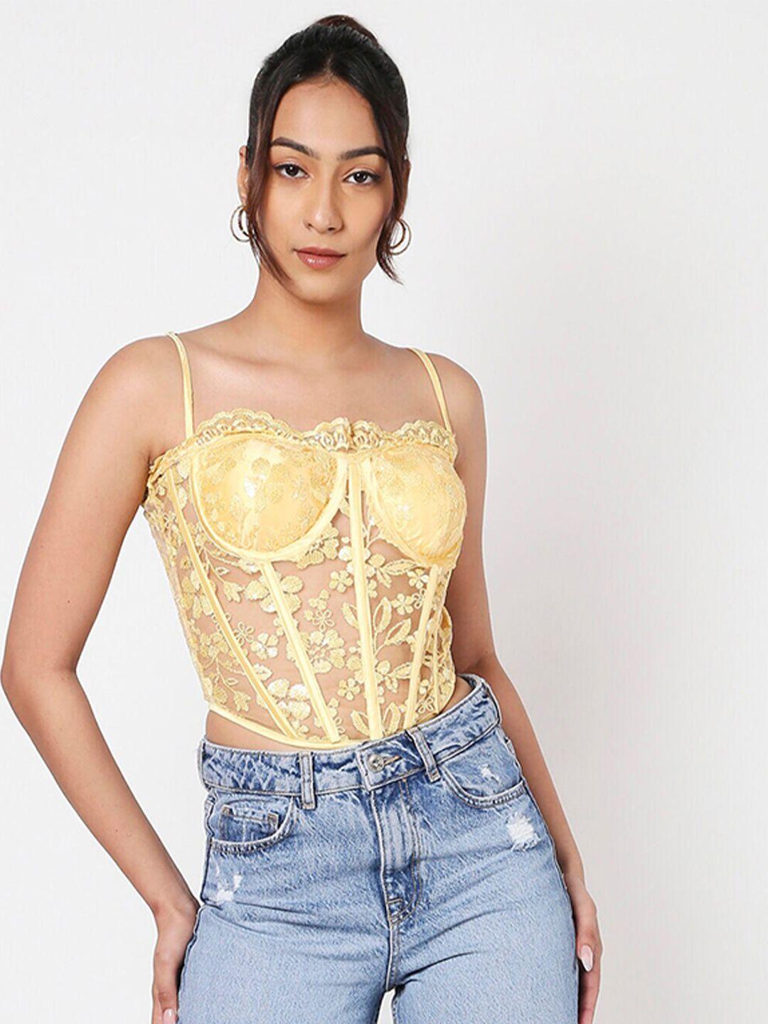 liyokki sleeveless lace-up detail self design crop corset top