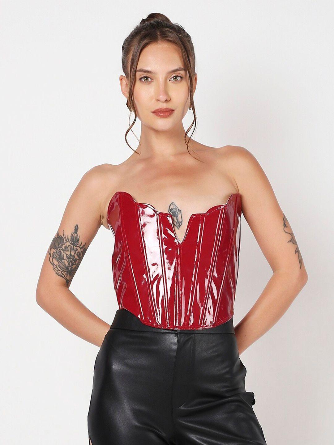 liyokki strapless lace-up detail latex leather crop corset top