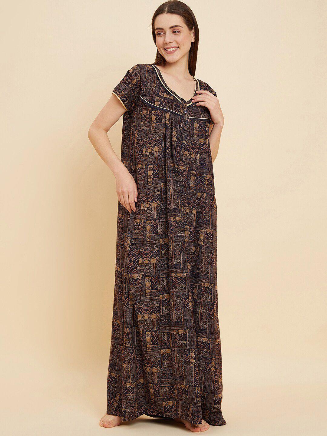 sweet dreams navy blue abstract printed pure cotton maxi nightdress