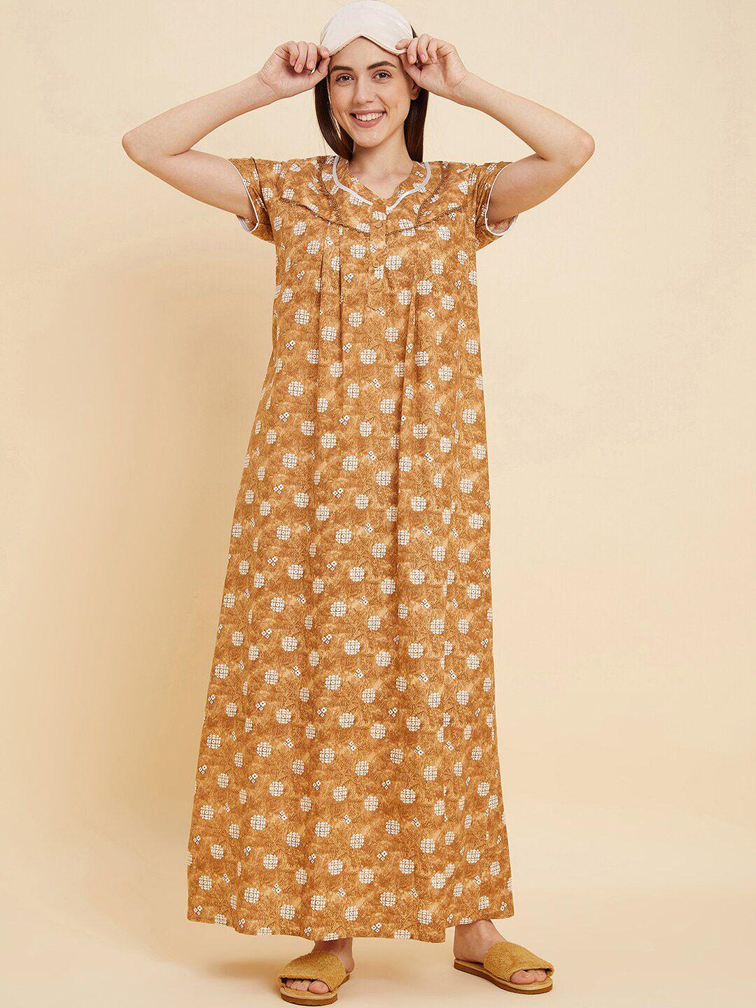 sweet dreams mustard yellow & white geometric printed pure cotton maxi nightdress