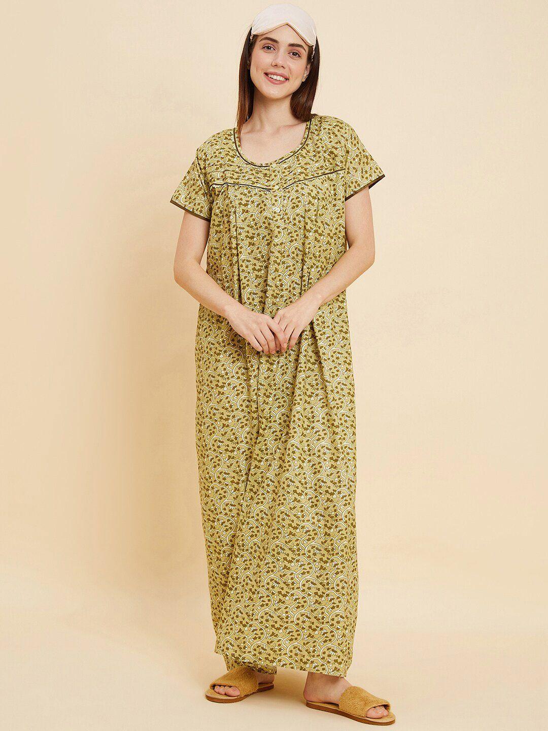 sweet dreams mustard yellow and white floral printed pure cotton maxi nightdress