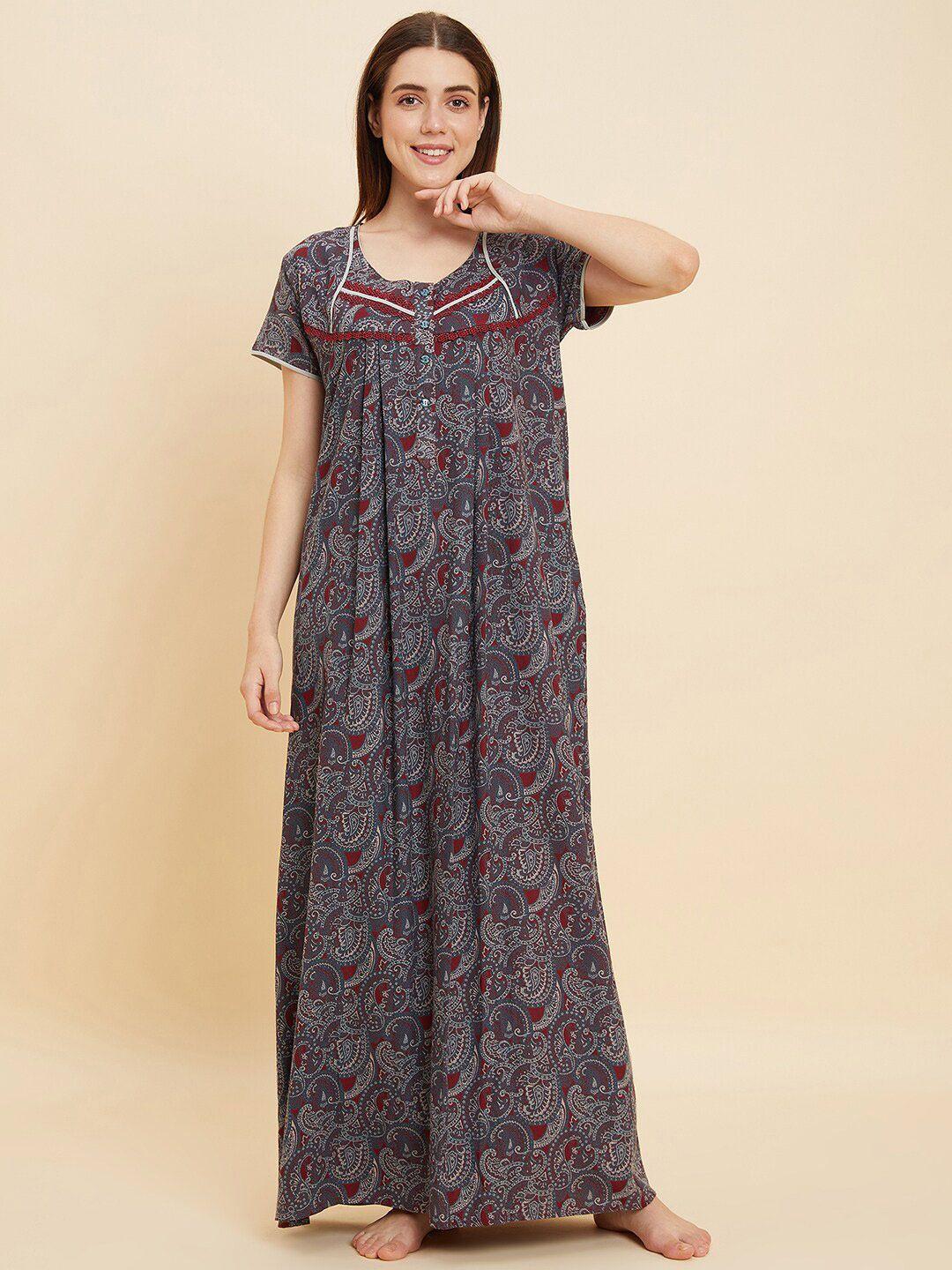 sweet dreams teal green & maroon ethnic motifs printed pure cotton maxi nightdress