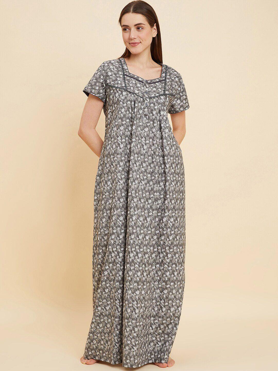 sweet dreams grey and white floral printed square neck pure cotton maxi nightdress