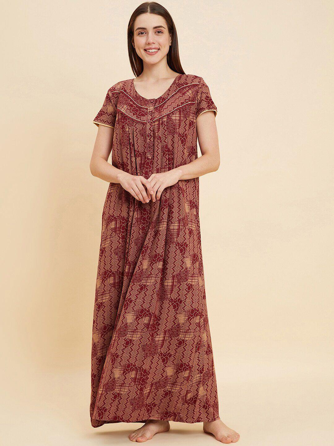 sweet dreams maroon printed pure cotton maxi nightdress