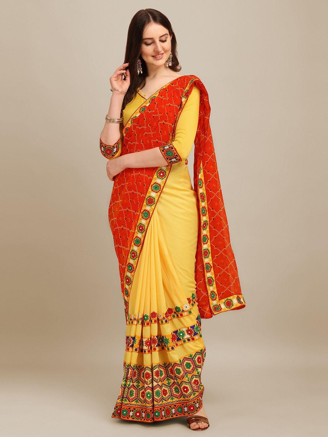 mitera orange & red ethnic motifs embroidered pure georgette bandhani saree