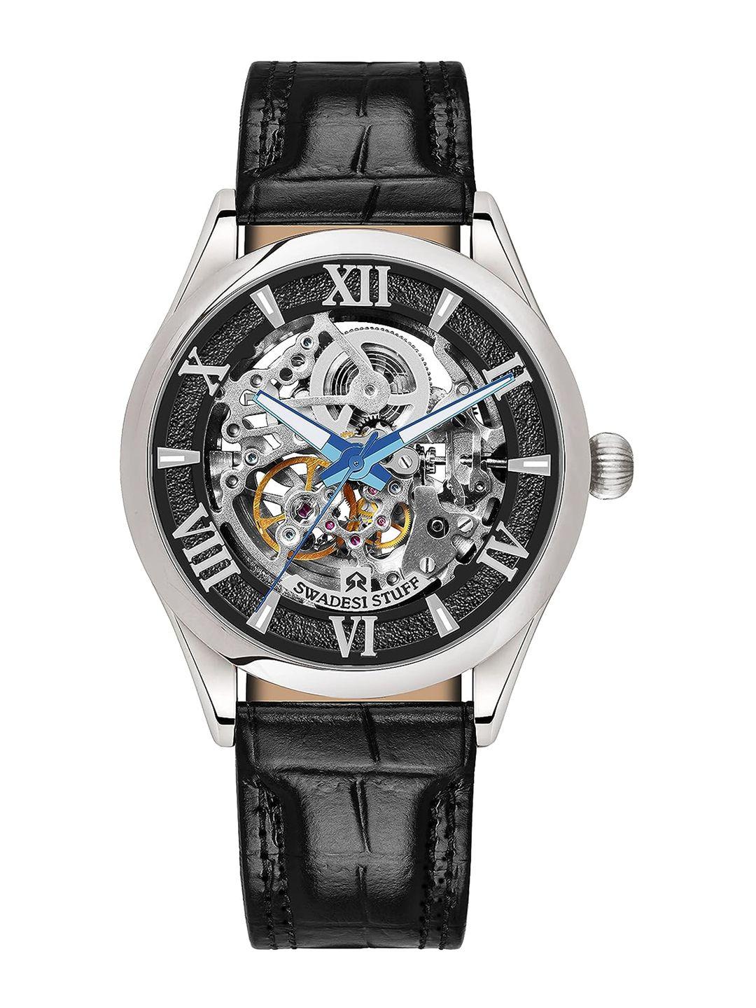 swadesi stuff men skeleton dial and leather straps multi function watch at010blk