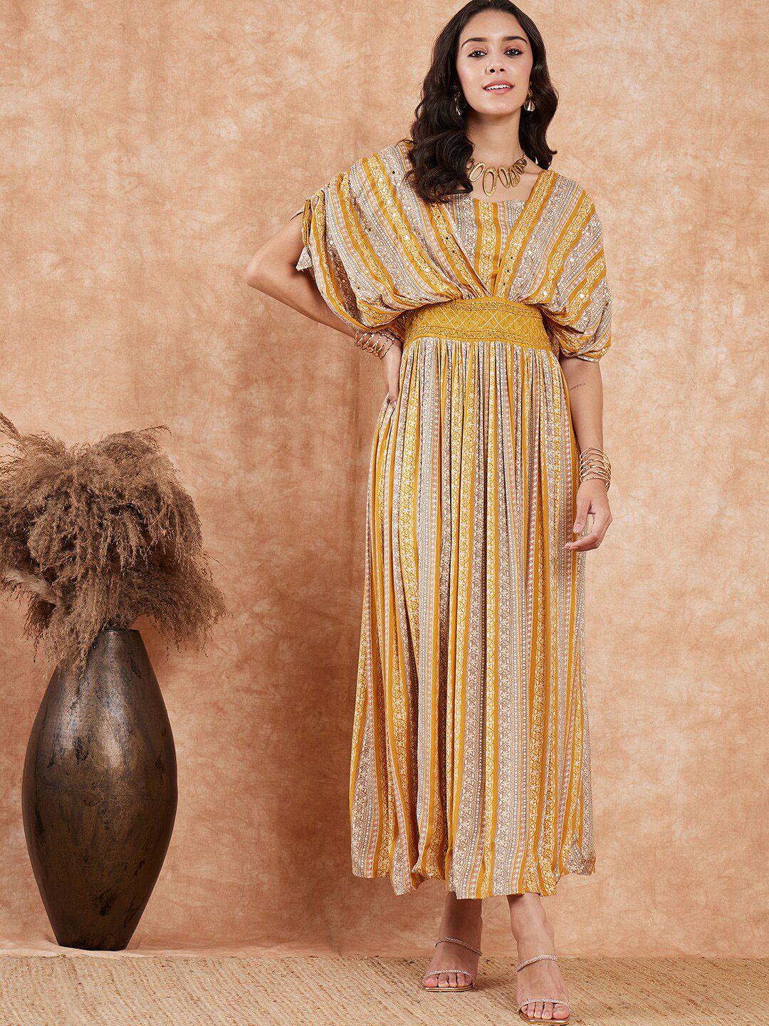 sangria mustard ethnic motifs printed & embroidered maxi dress