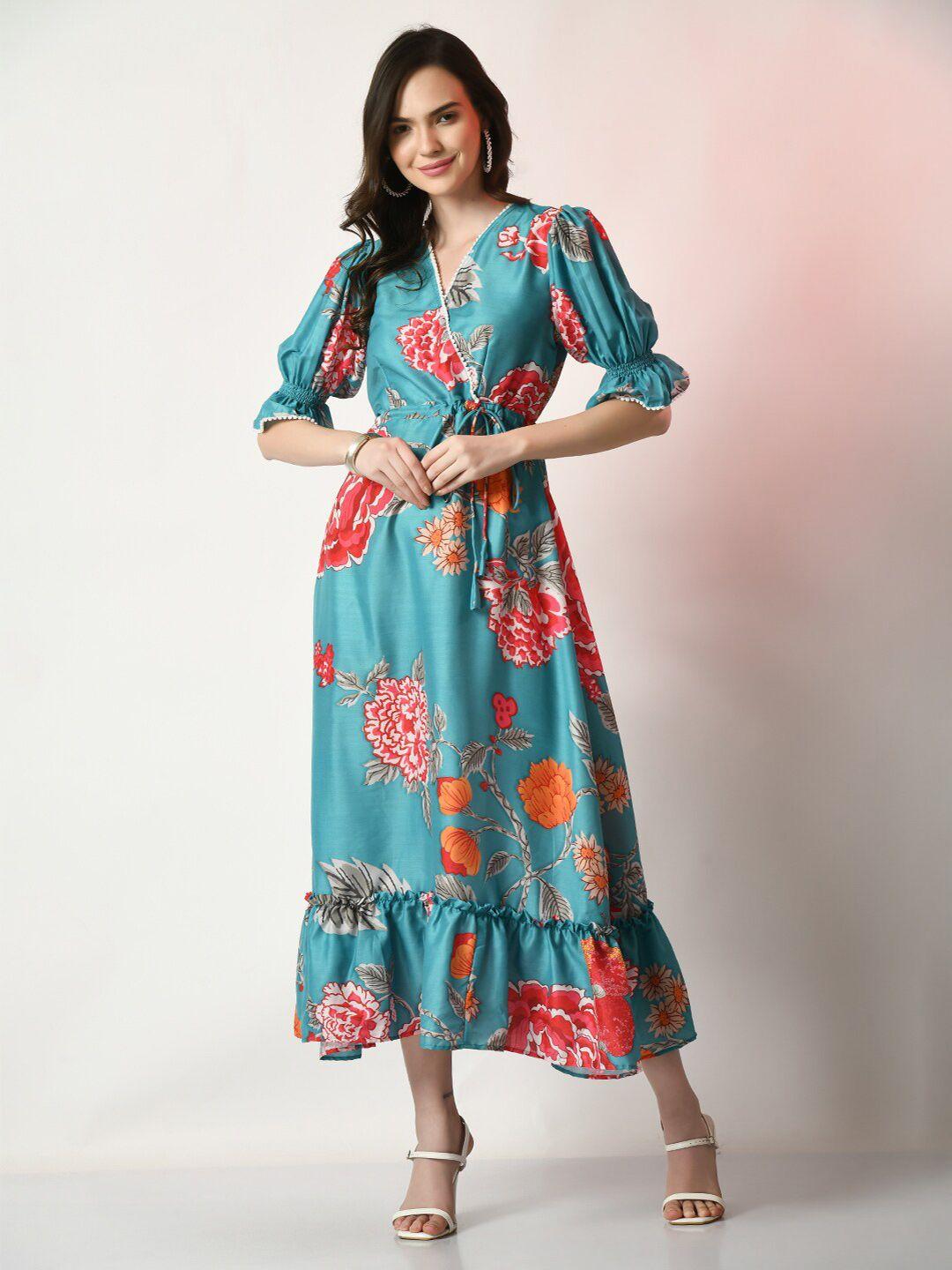 sangria floral printed puff sleeves fit & flare dress