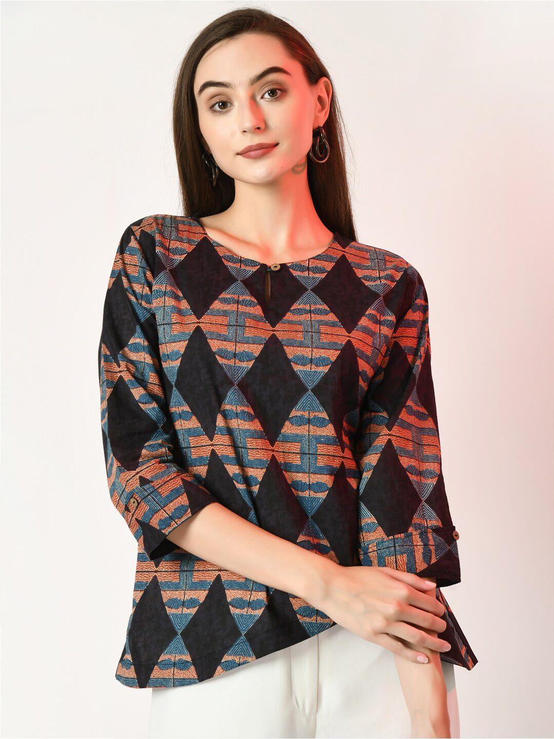 sangria geometric printed keyhole neck asymmetric detail cotton top